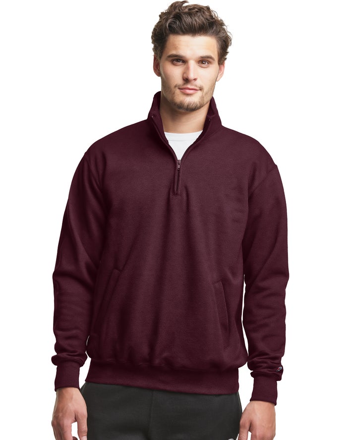 Champion Herre Sweatshirt MørkeRød - Powerblend Fleece 1/4 Zip With Pockets - Danmark YBP-587369